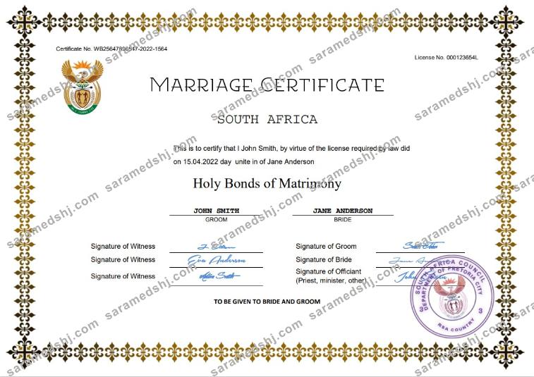 South Africa marriage certificate Word and PDF template